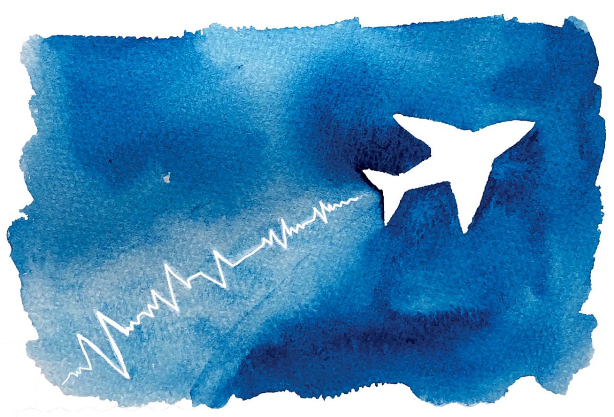 Детский рисунок: белый самолет летит по синему небу